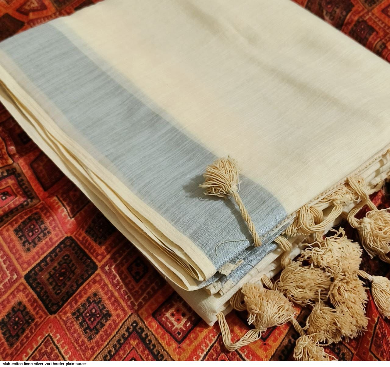 SLUB COTTON LINEN SILVER ZARI BORDER PLAIN SAREE