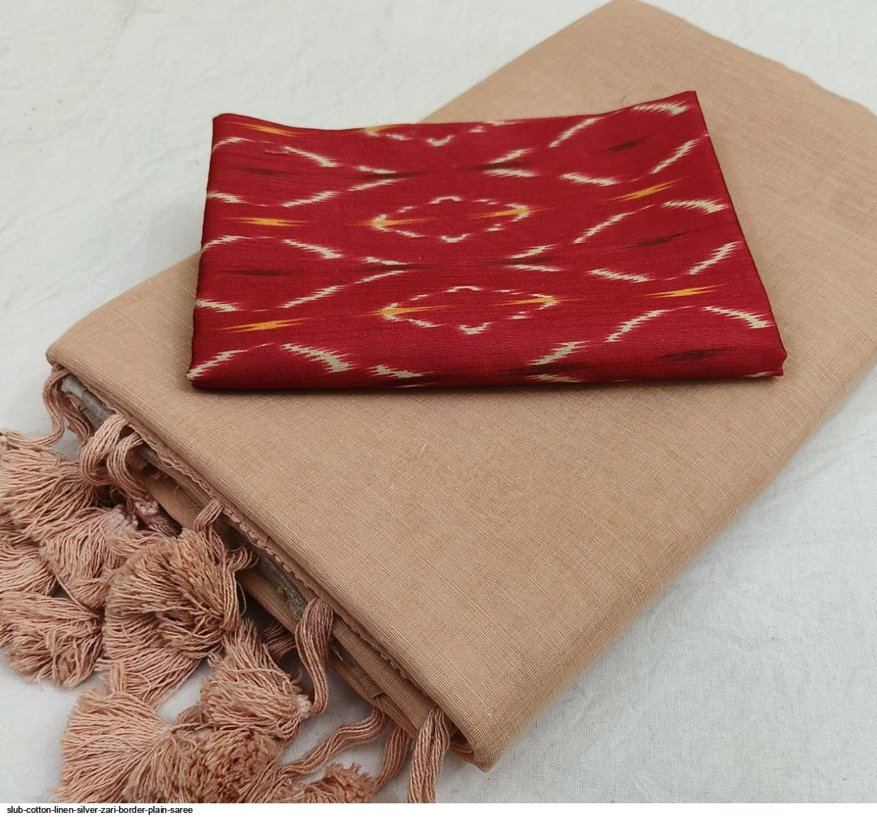 SLUB COTTON LINEN SILVER ZARI BORDER PLAIN SAREE