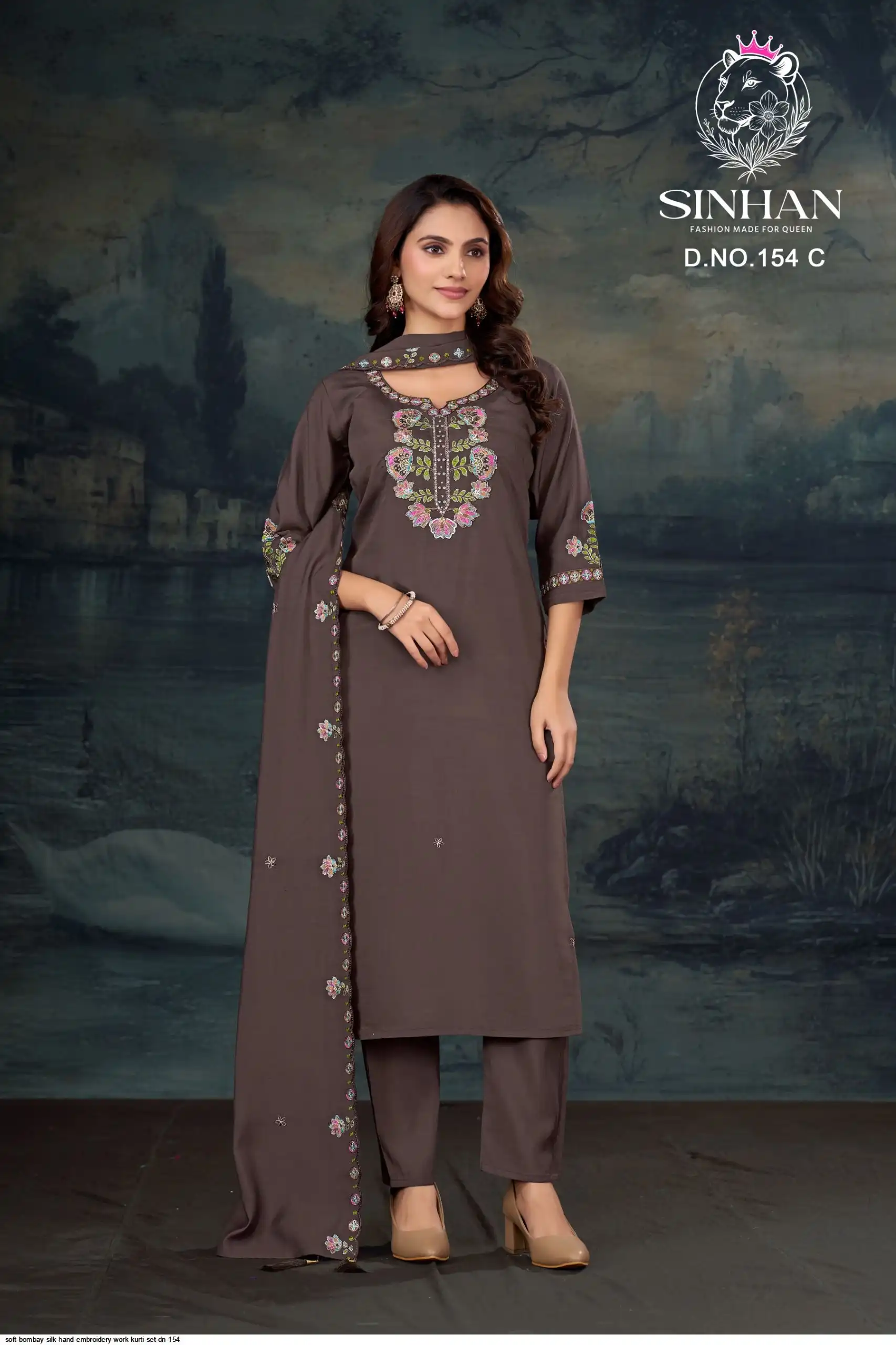 SOFT BOMBAY SILK HAND EMBROIDERY WORK KURTI SET DN 154 C