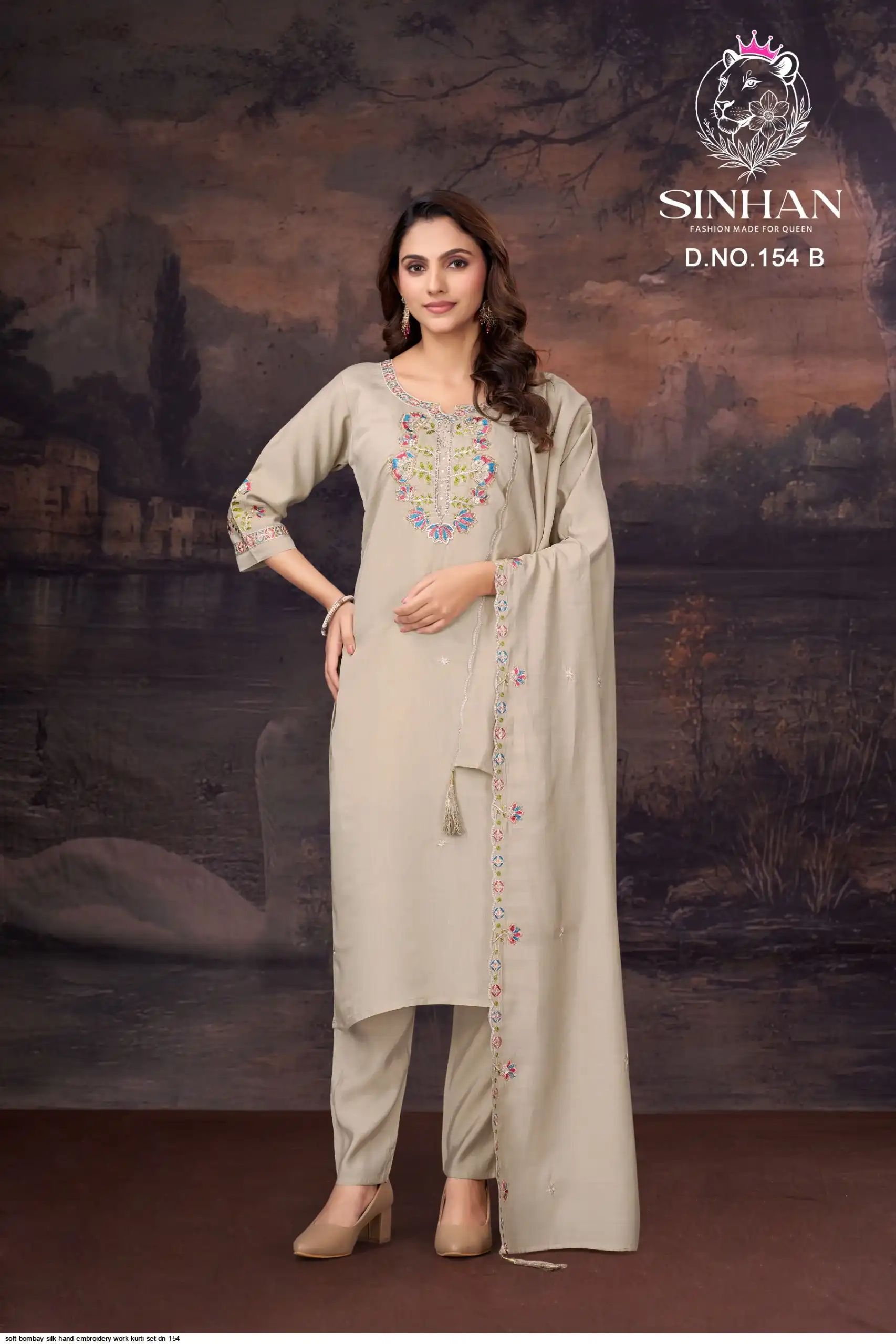 SOFT BOMBAY SILK HAND EMBROIDERY WORK KURTI SET DN 154 B