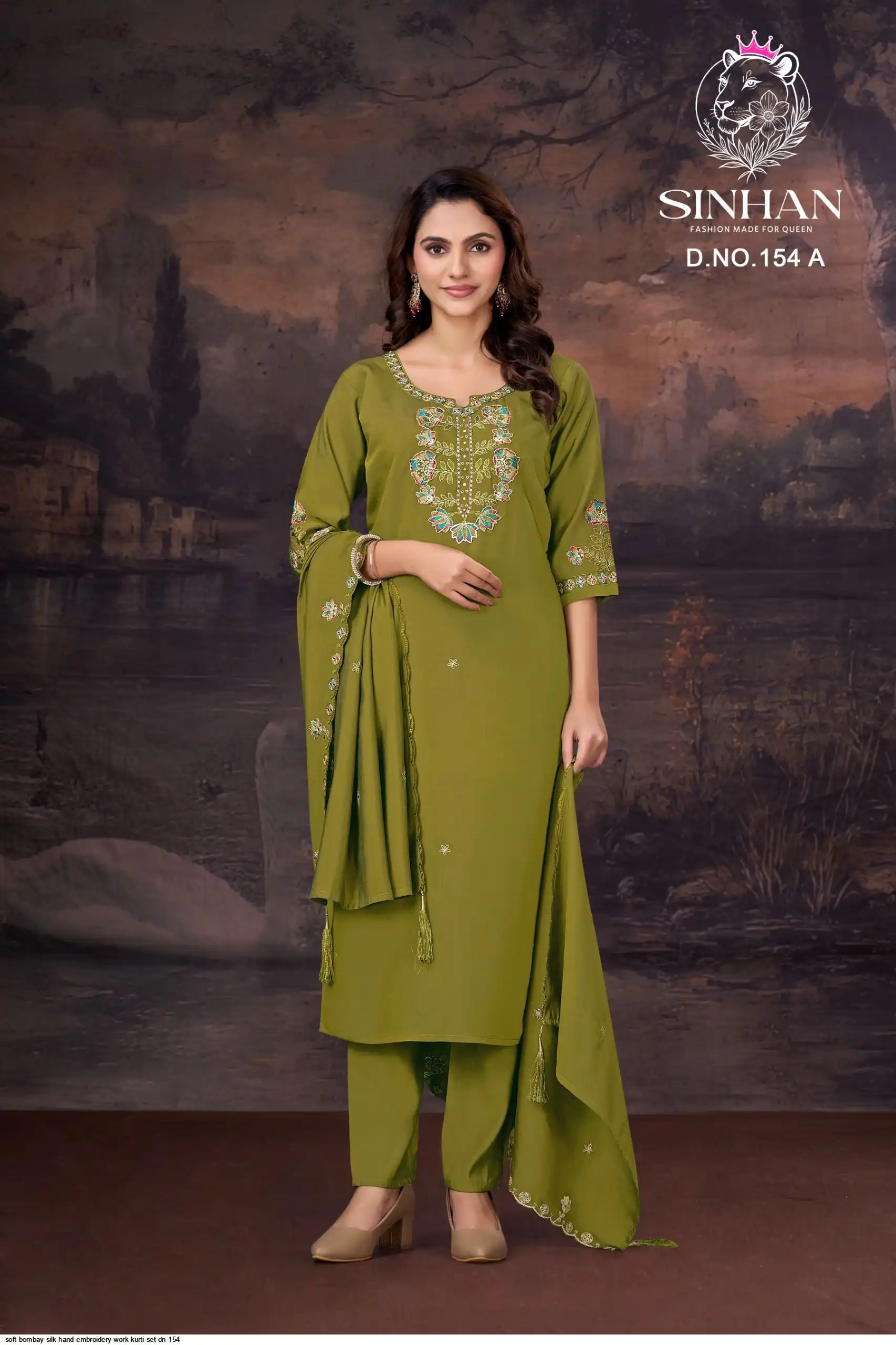 SOFT BOMBAY SILK HAND EMBROIDERY WORK KURTI SET DN 154 A