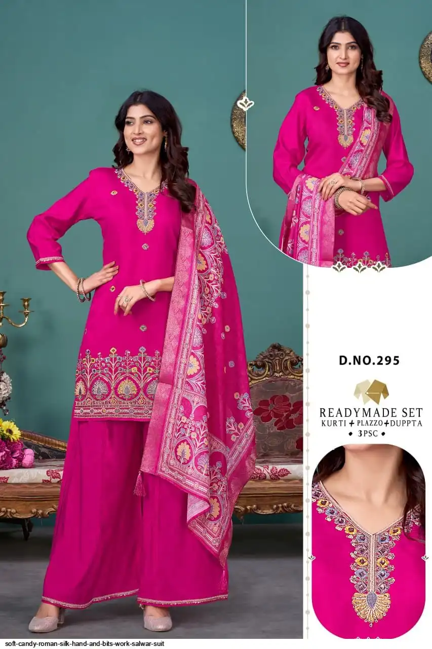 SOFT CANDY ROMAN SILK HAND AND BITS WORK SALWAR SUIT 295