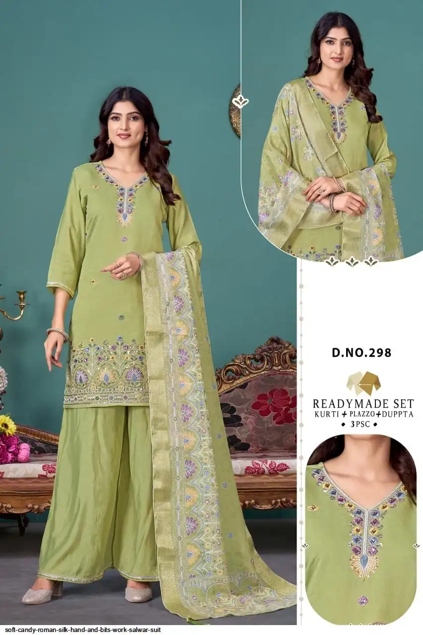 SOFT CANDY ROMAN SILK HAND AND BITS WORK SALWAR SUIT 298