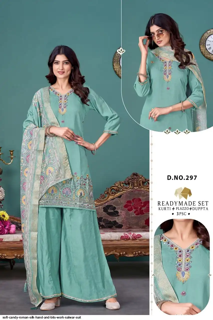 SOFT CANDY ROMAN SILK HAND AND BITS WORK SALWAR SUIT 297