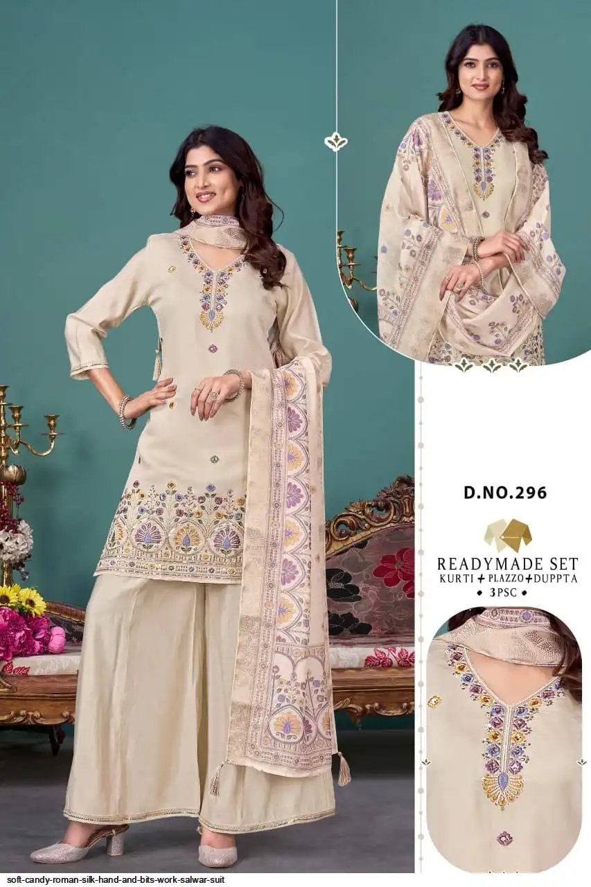 SOFT CANDY ROMAN SILK HAND AND BITS WORK SALWAR SUIT 296