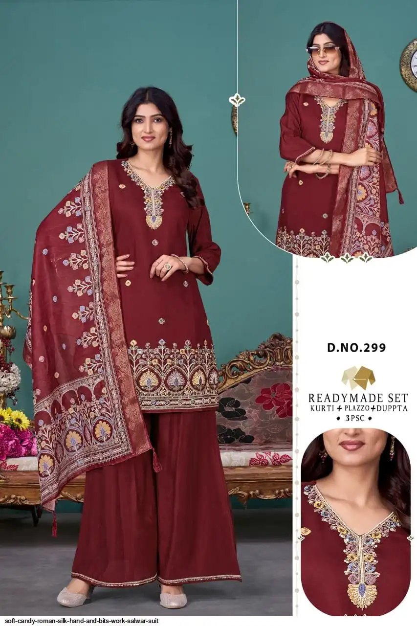 SOFT CANDY ROMAN SILK HAND AND BITS WORK SALWAR SUIT 299