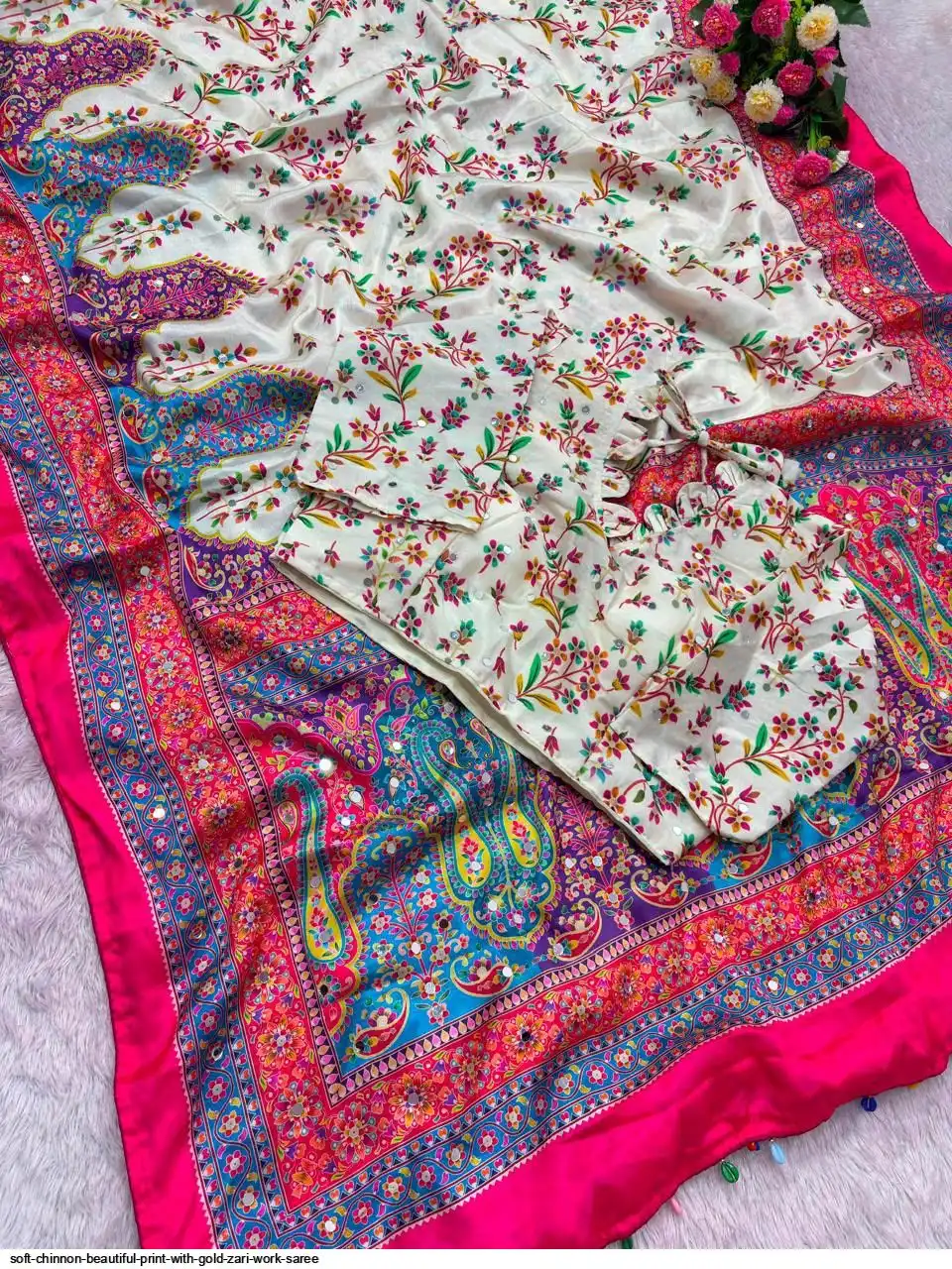 SOFT CHINNON BEAUTIFUL PRINT WITH GOLD ZARI WORK SAREE 3