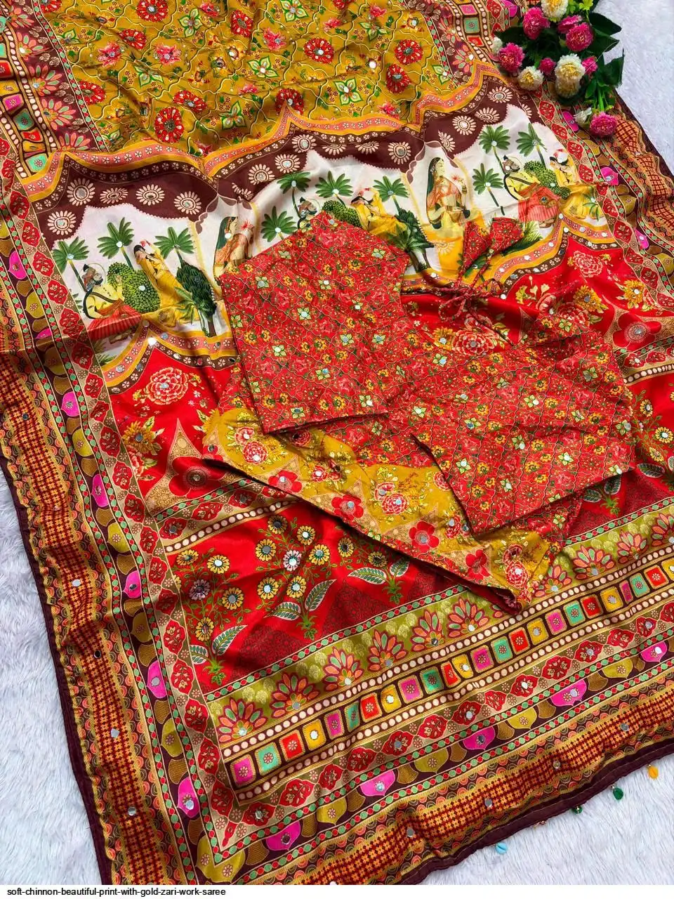 SOFT CHINNON BEAUTIFUL PRINT WITH GOLD ZARI WORK SAREE 5