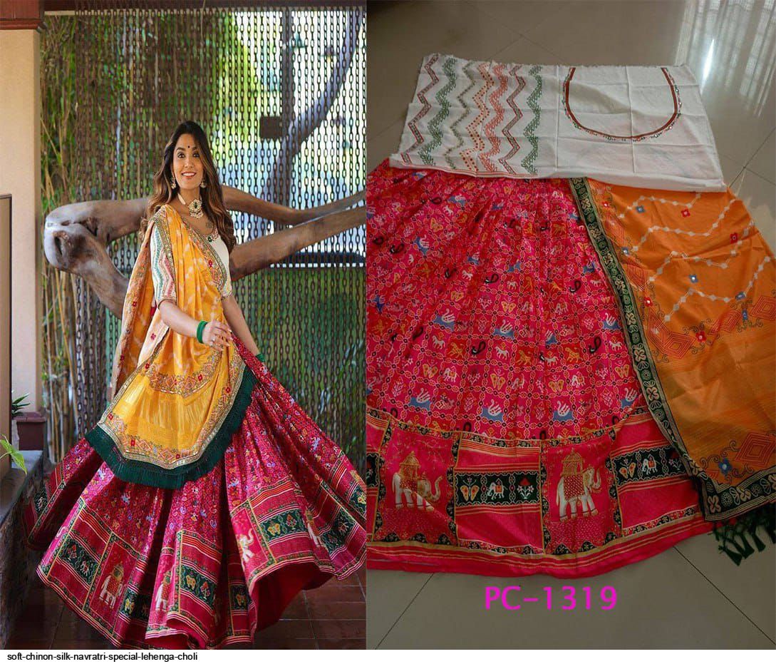 White Printed Navaratri Lehenga Choli In Cotton