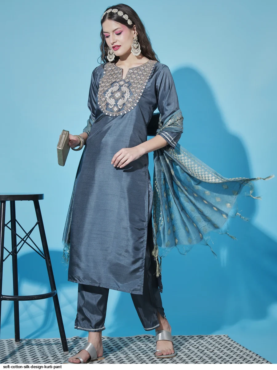 white christmas dresses Blue cotton silk dress with stone embellishments – Sujatra main image 1