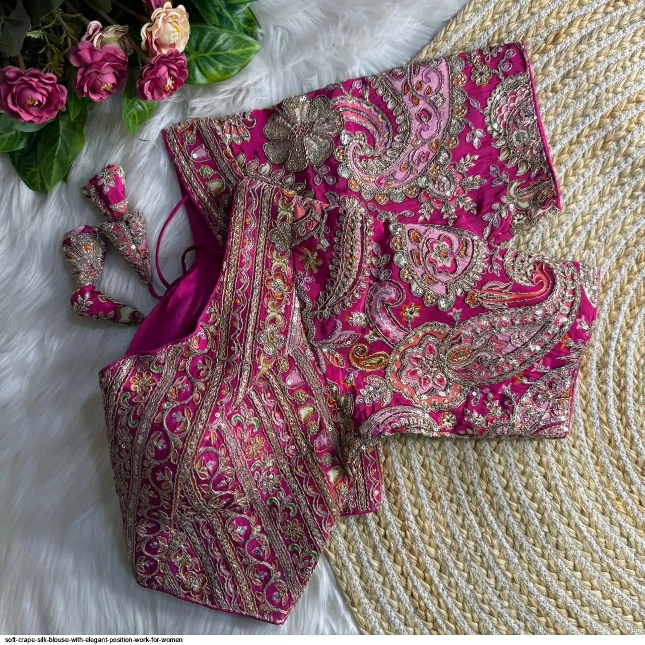 SOFT CRAPE SILK BLOUSE WITH ELEGANT POSITION WORK FOR WOMEN F