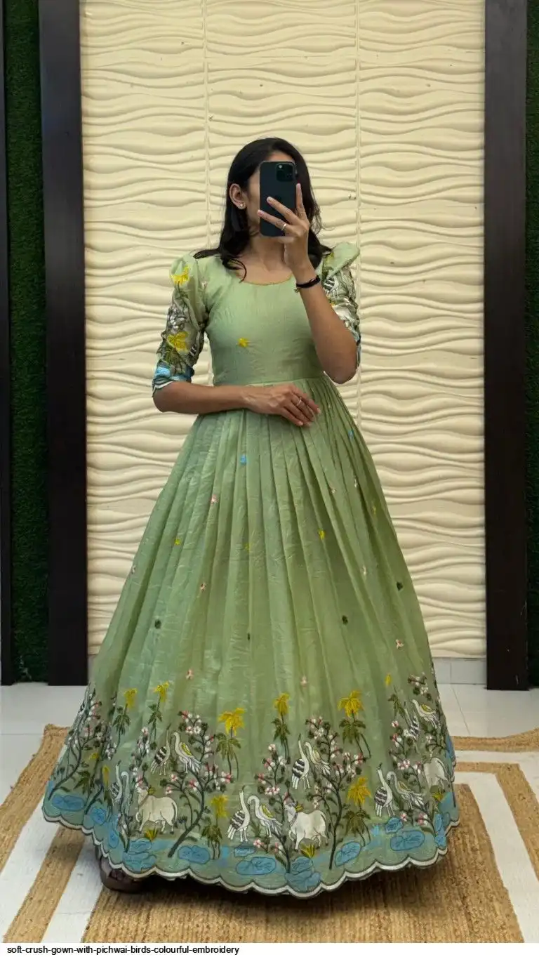 SOFT CRUSH GOWN WITH PICHWAI BIRDS COLOURFUL EMBROIDERY 4