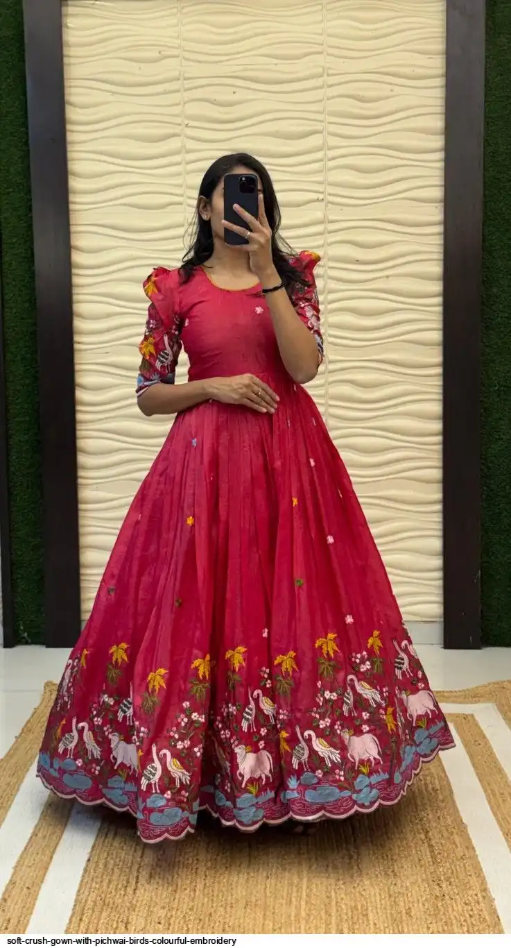 SOFT CRUSH GOWN WITH PICHWAI BIRDS COLOURFUL EMBROIDERY 3