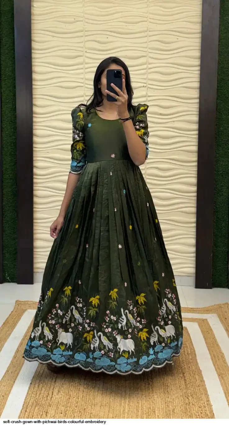 SOFT CRUSH GOWN WITH PICHWAI BIRDS COLOURFUL EMBROIDERY 2