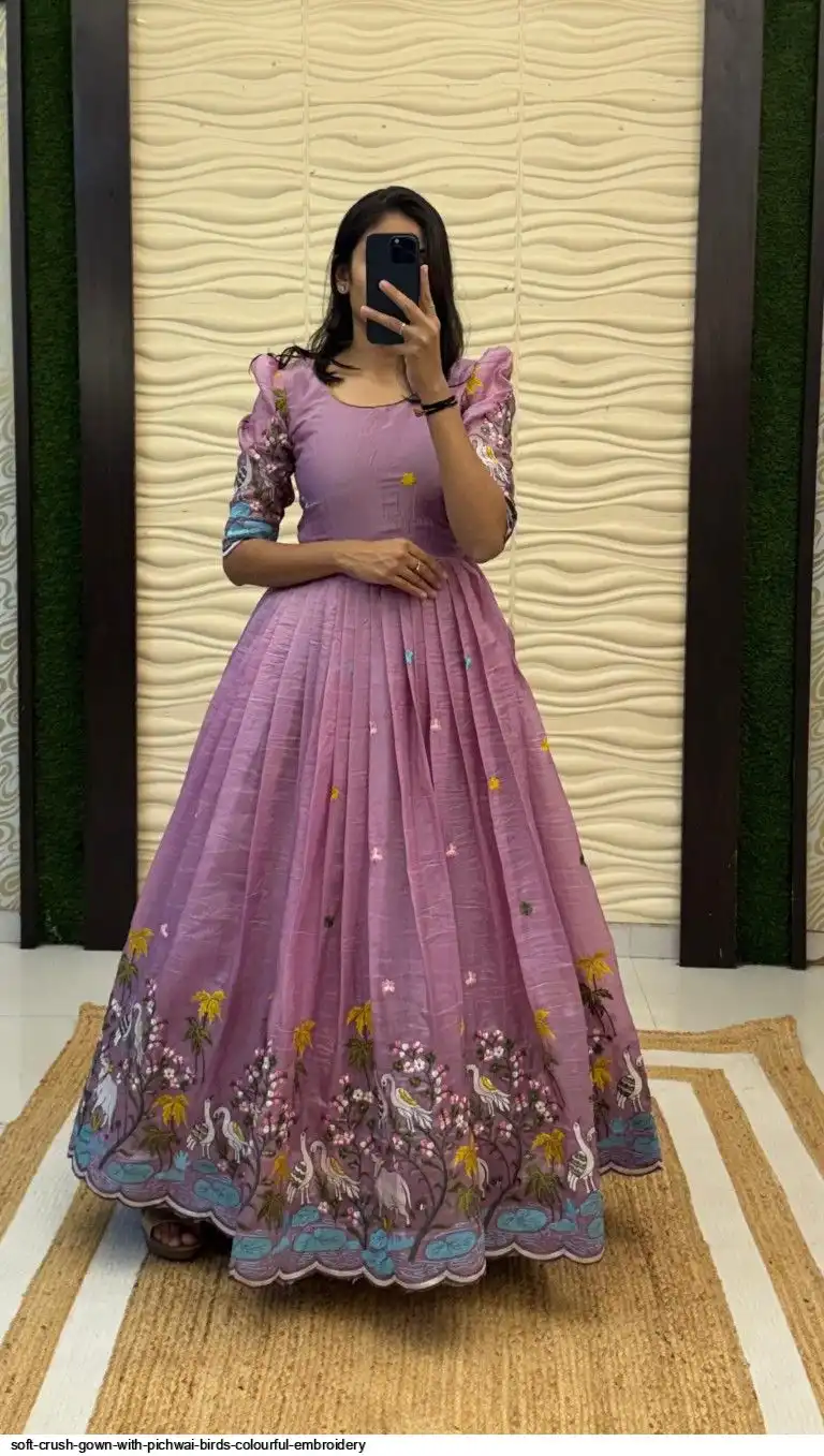 SOFT CRUSH GOWN WITH PICHWAI BIRDS COLOURFUL EMBROIDERY 6