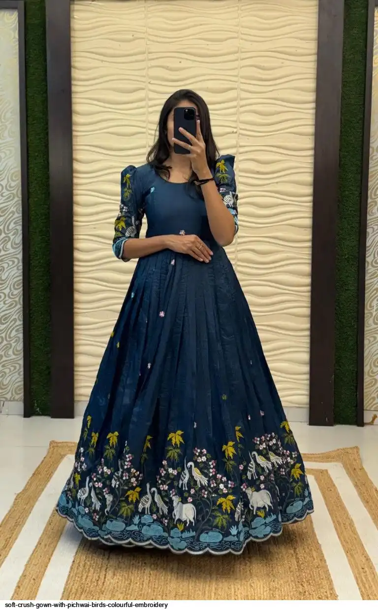 SOFT CRUSH GOWN WITH PICHWAI BIRDS COLOURFUL EMBROIDERY 1