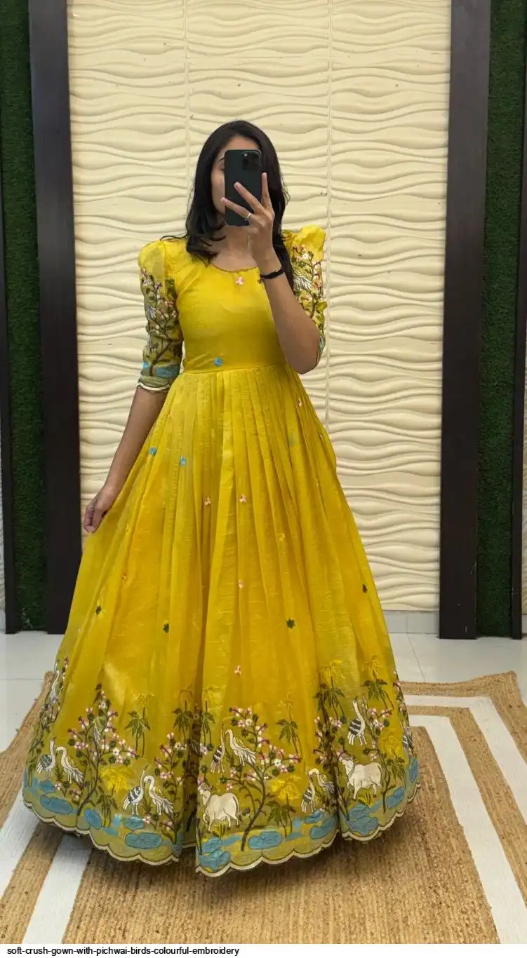 SOFT CRUSH GOWN WITH PICHWAI BIRDS COLOURFUL EMBROIDERY 5