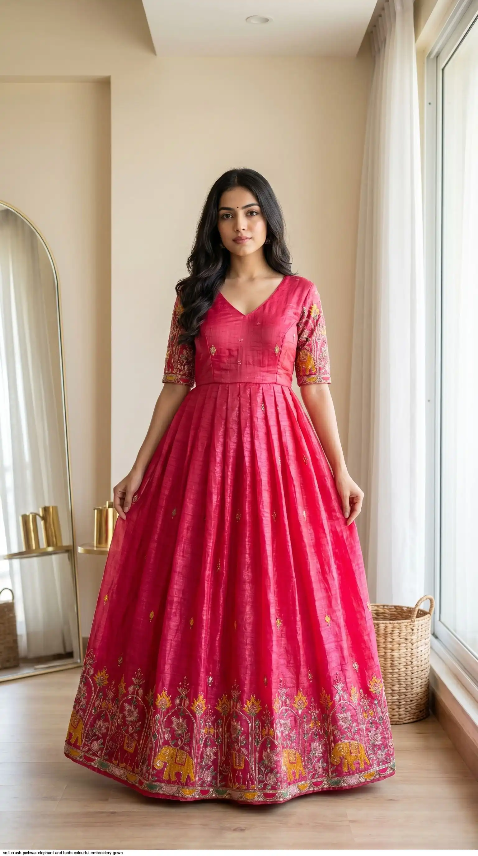 SOFT CRUSH PICHWAI ELEPHANT AND BIRDS COLOURFUL EMBROIDERY GOWN 1