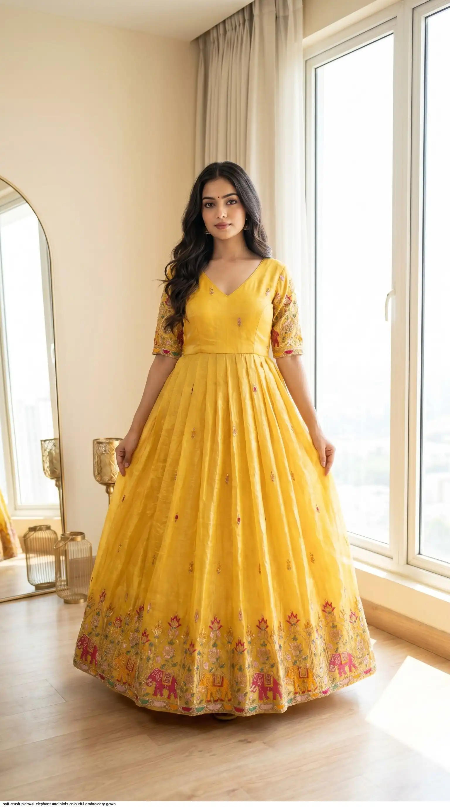 SOFT CRUSH PICHWAI ELEPHANT AND BIRDS COLOURFUL EMBROIDERY GOWN 2