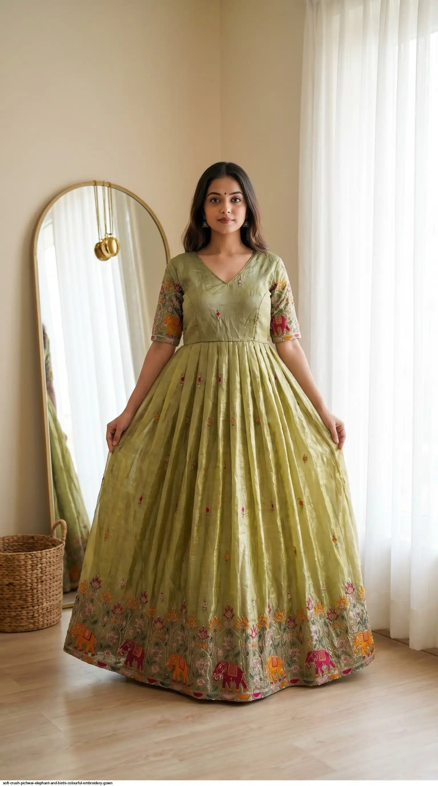 SOFT CRUSH PICHWAI ELEPHANT AND BIRDS COLOURFUL EMBROIDERY GOWN 3