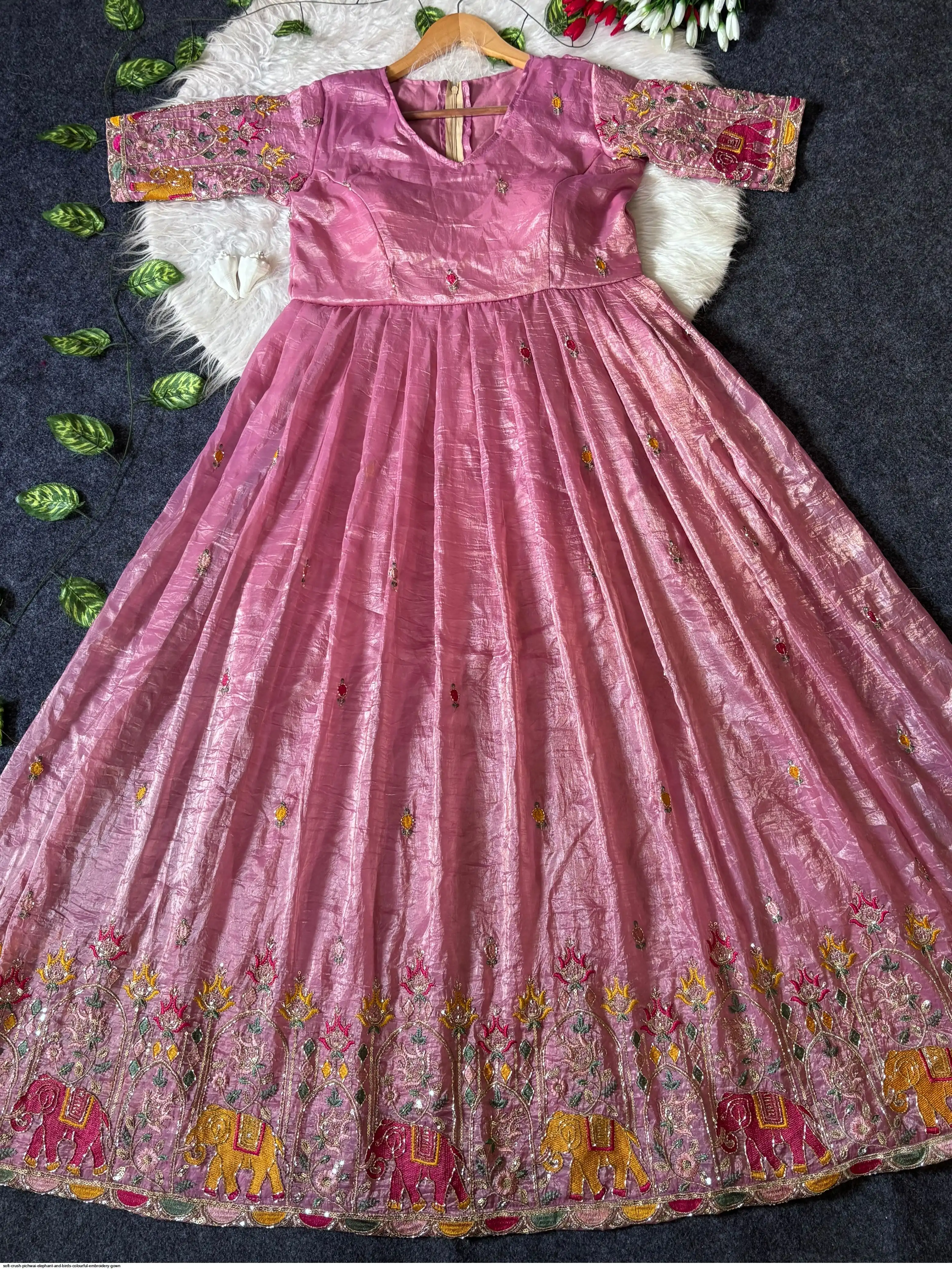 SOFT CRUSH PICHWAI ELEPHANT AND BIRDS COLOURFUL EMBROIDERY GOWN 4