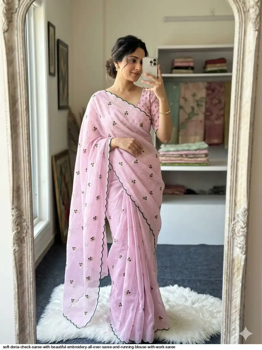 SOFT DORIA CHECK SAREE WITH BEAUTIFUL EMBROIDERY ALL OVER SAREE AND RUNNING BLOUSE WITH WORK SAREE 3