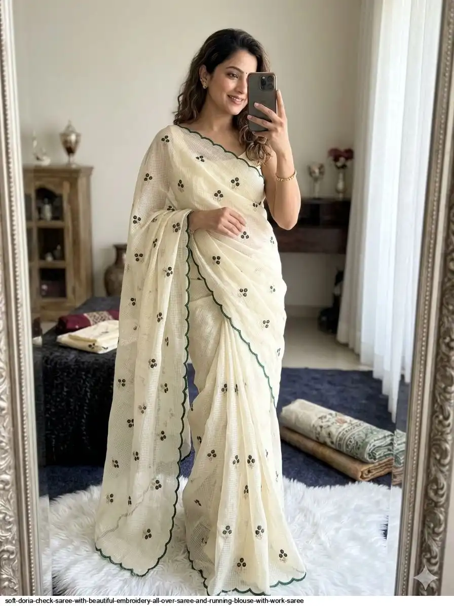SOFT DORIA CHECK SAREE WITH BEAUTIFUL EMBROIDERY ALL OVER SAREE AND RUNNING BLOUSE WITH WORK SAREE 1