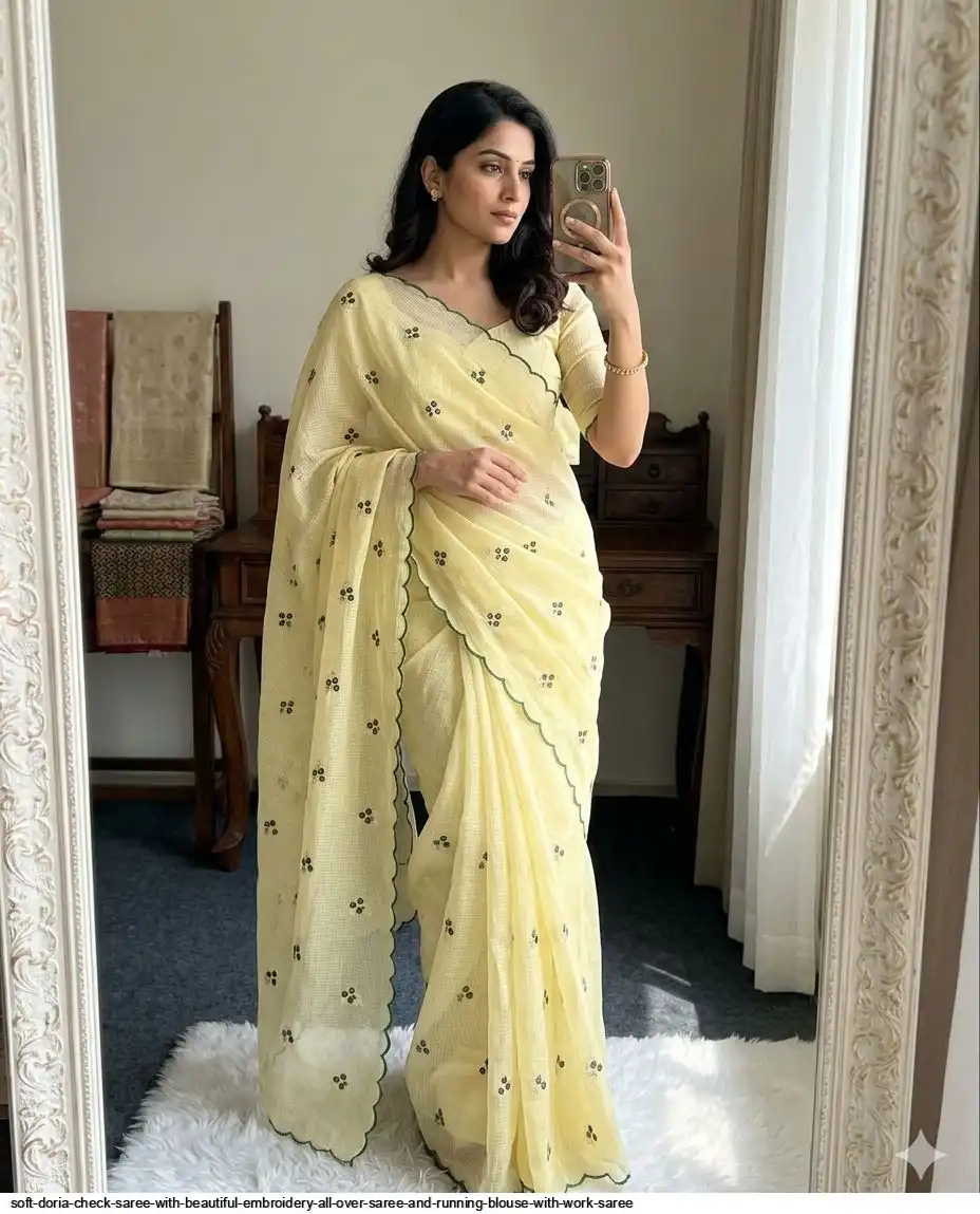 SOFT DORIA CHECK SAREE WITH BEAUTIFUL EMBROIDERY ALL OVER SAREE AND RUNNING BLOUSE WITH WORK SAREE 4