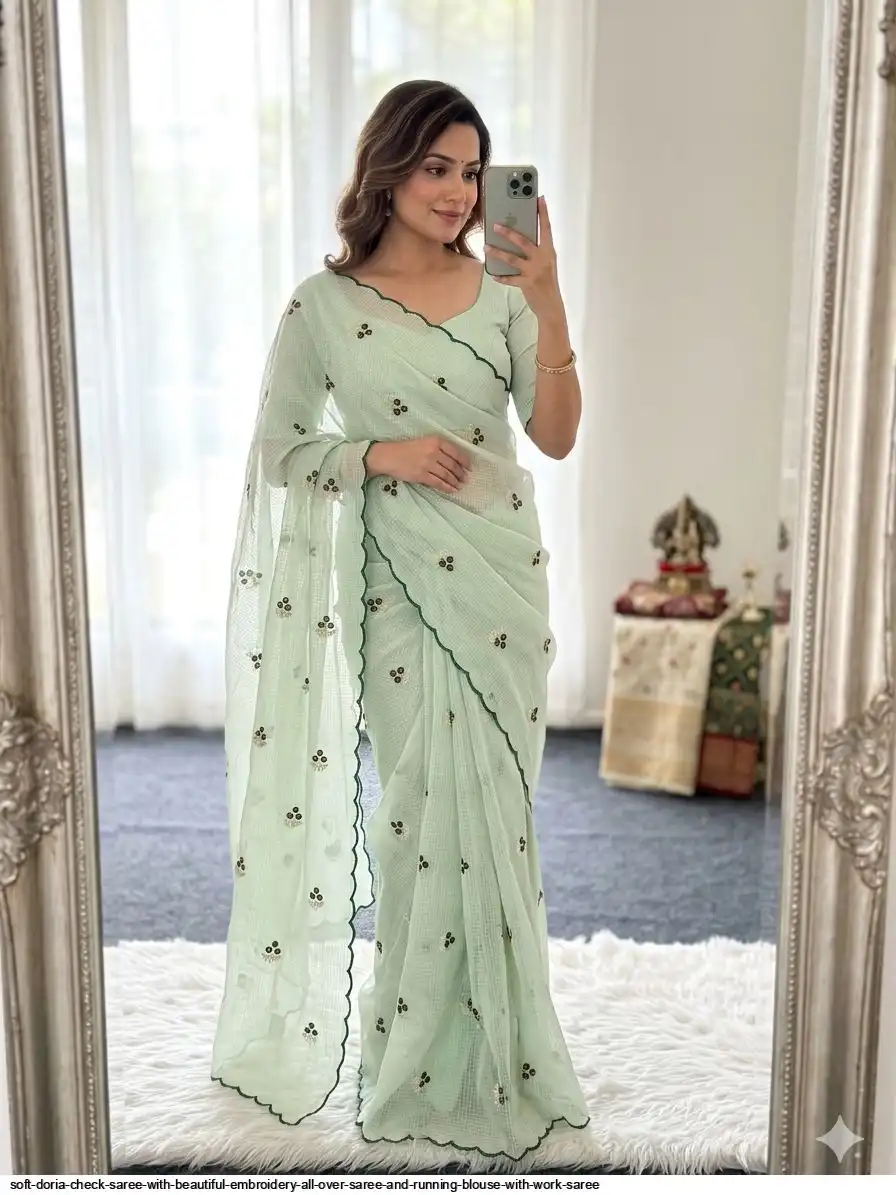 SOFT DORIA CHECK SAREE WITH BEAUTIFUL EMBROIDERY ALL OVER SAREE AND RUNNING BLOUSE WITH WORK SAREE 5
