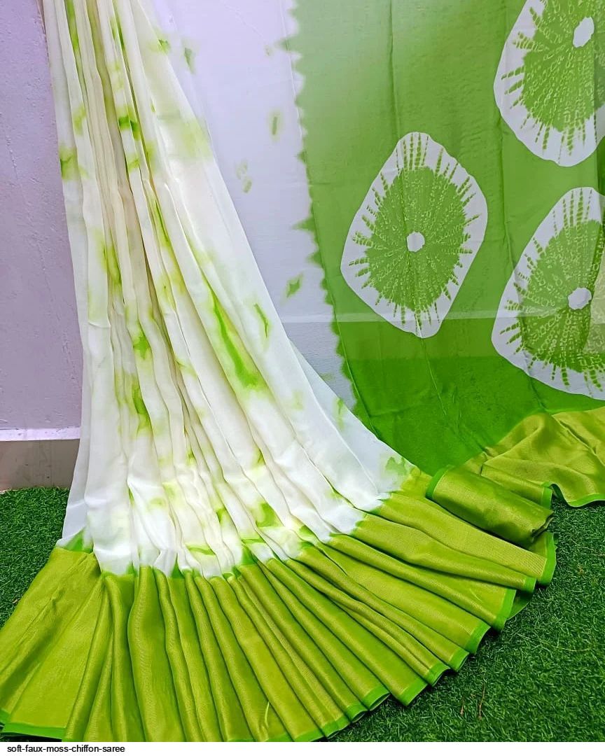 Sea Green Moss Chiffon Saree With Foil Embroidery | Koselly