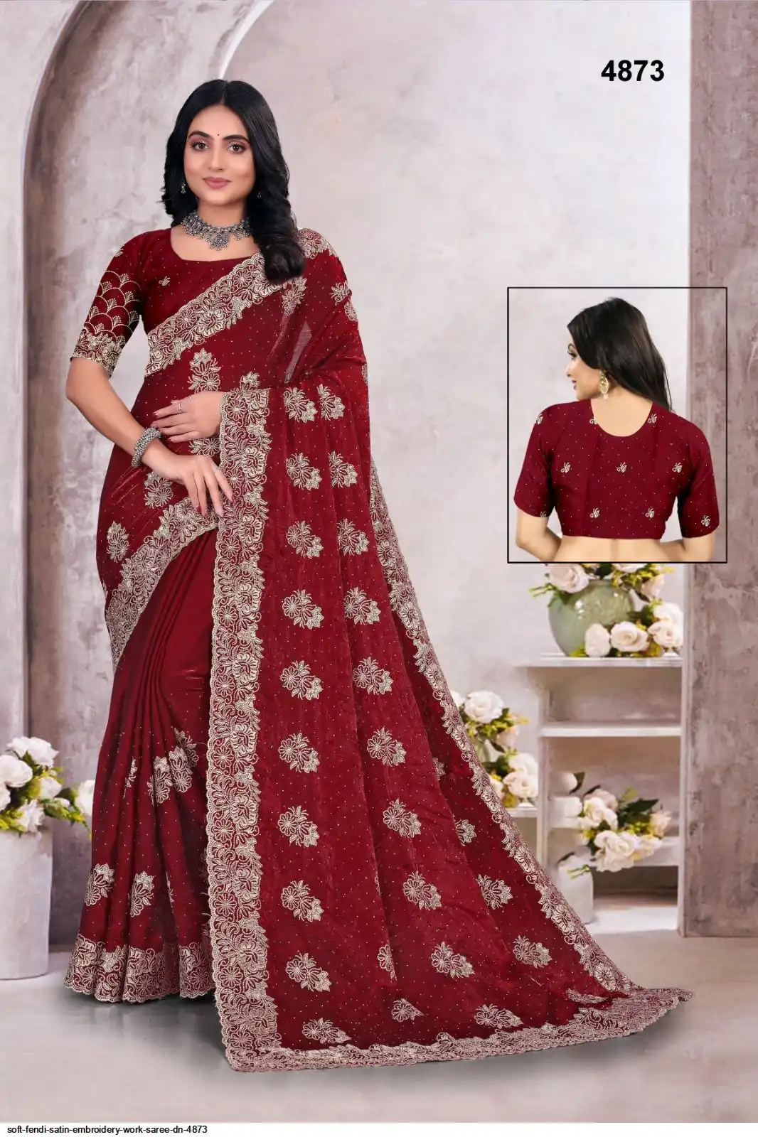 SOFT FENDI SATIN EMBROIDERY WORK SAREE DN 4873