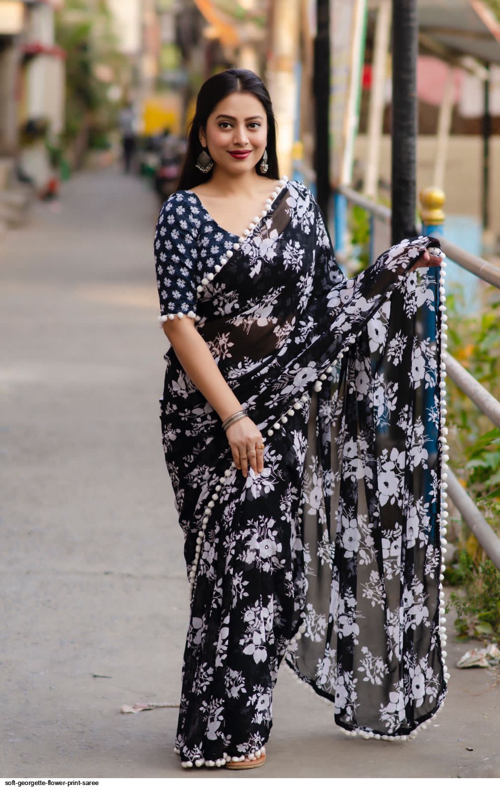 White Floral Printed Saree In Organza