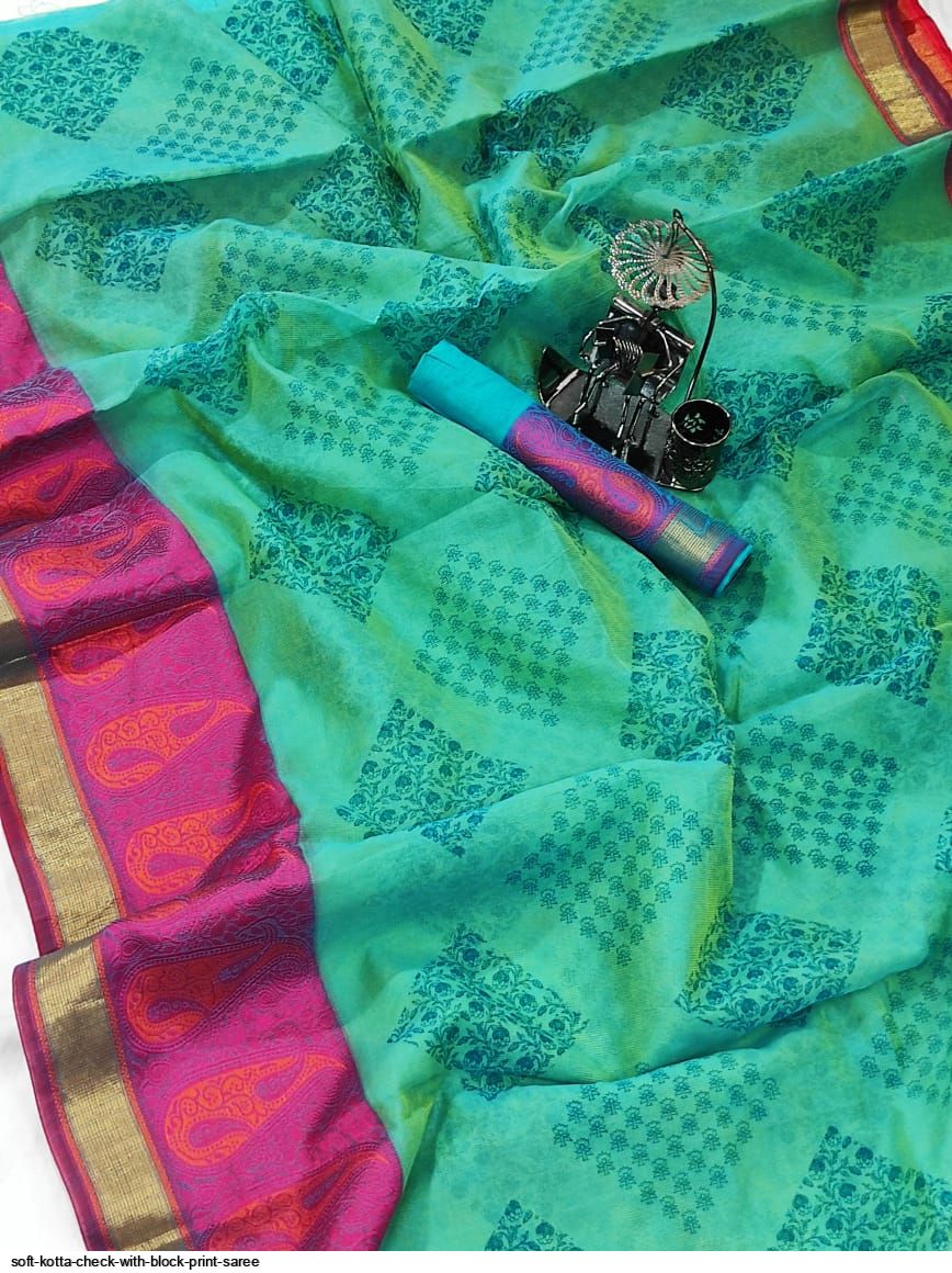 SOFT KOTTA CHECK WITH BLOCK PRINT SAREE