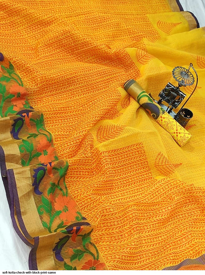 SOFT KOTTA CHECK WITH BLOCK PRINT SAREE