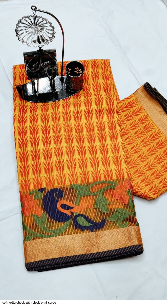 SOFT KOTTA CHECK WITH BLOCK PRINT SAREE