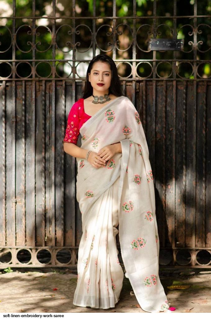 Off-White & White Shaded Linen Sarees From Rs.1499 Onwards