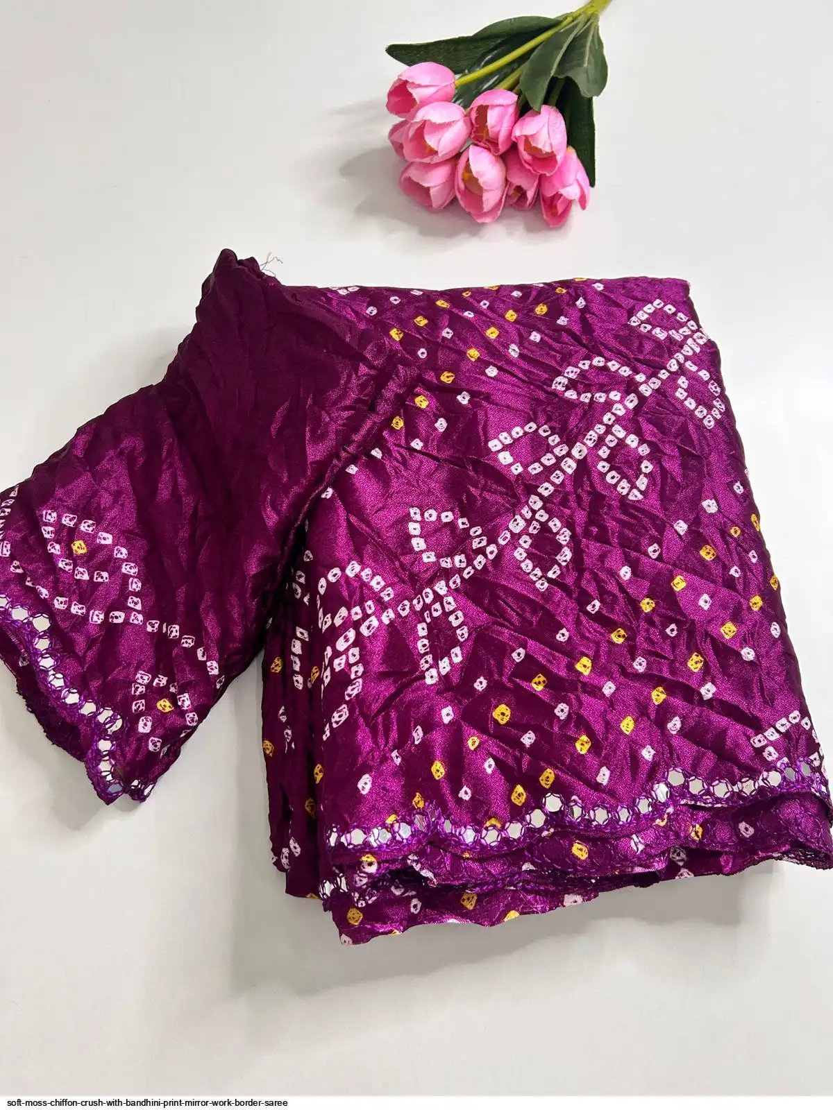 SOFT MOSS CHIFFON CRUSH WITH BANDHINI PRINT MIRROR WORK BORDER SAREE 1