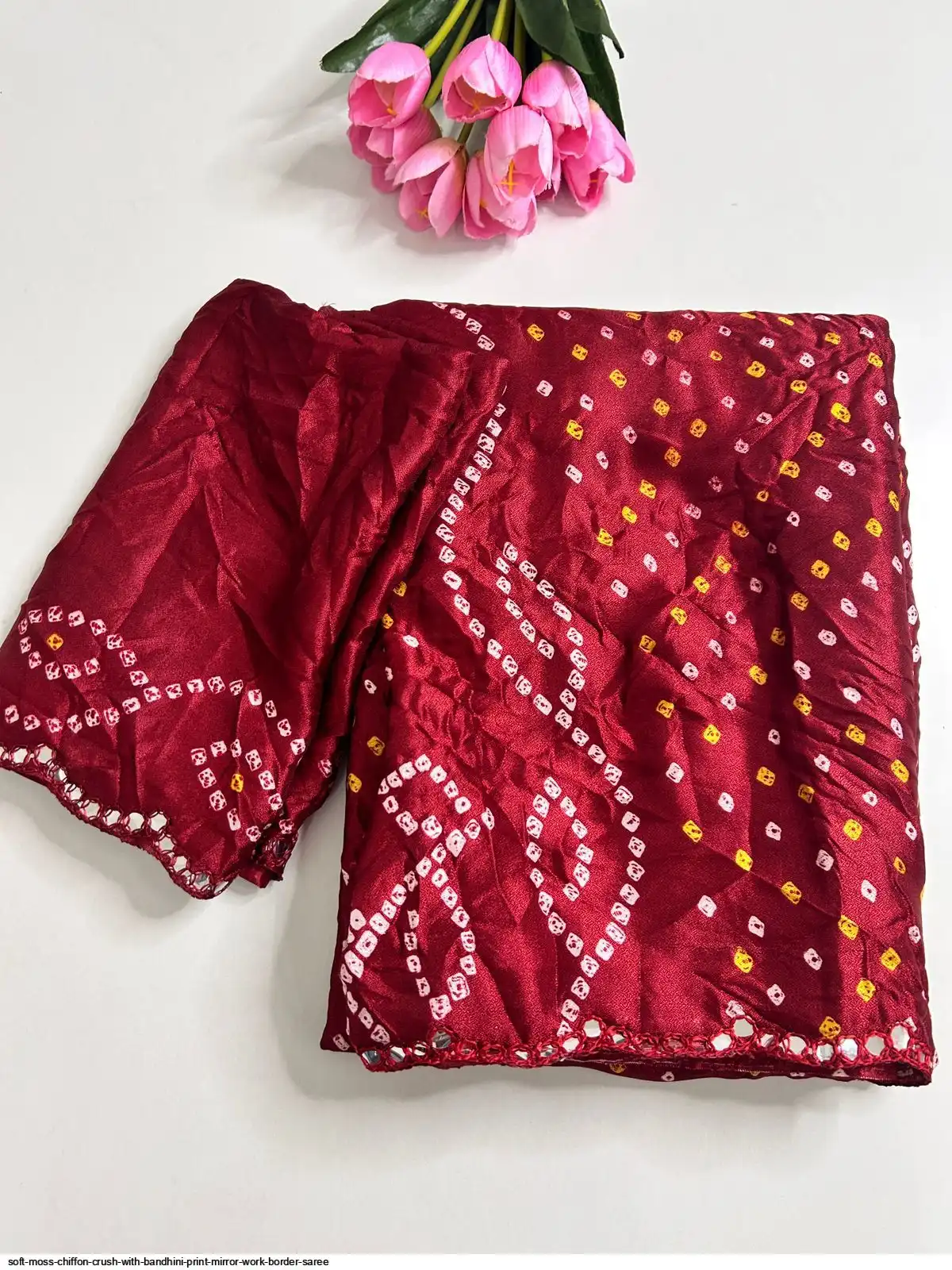 SOFT MOSS CHIFFON CRUSH WITH BANDHINI PRINT MIRROR WORK BORDER SAREE 3