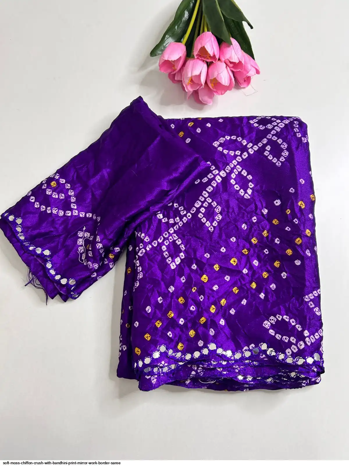 SOFT MOSS CHIFFON CRUSH WITH BANDHINI PRINT MIRROR WORK BORDER SAREE 4