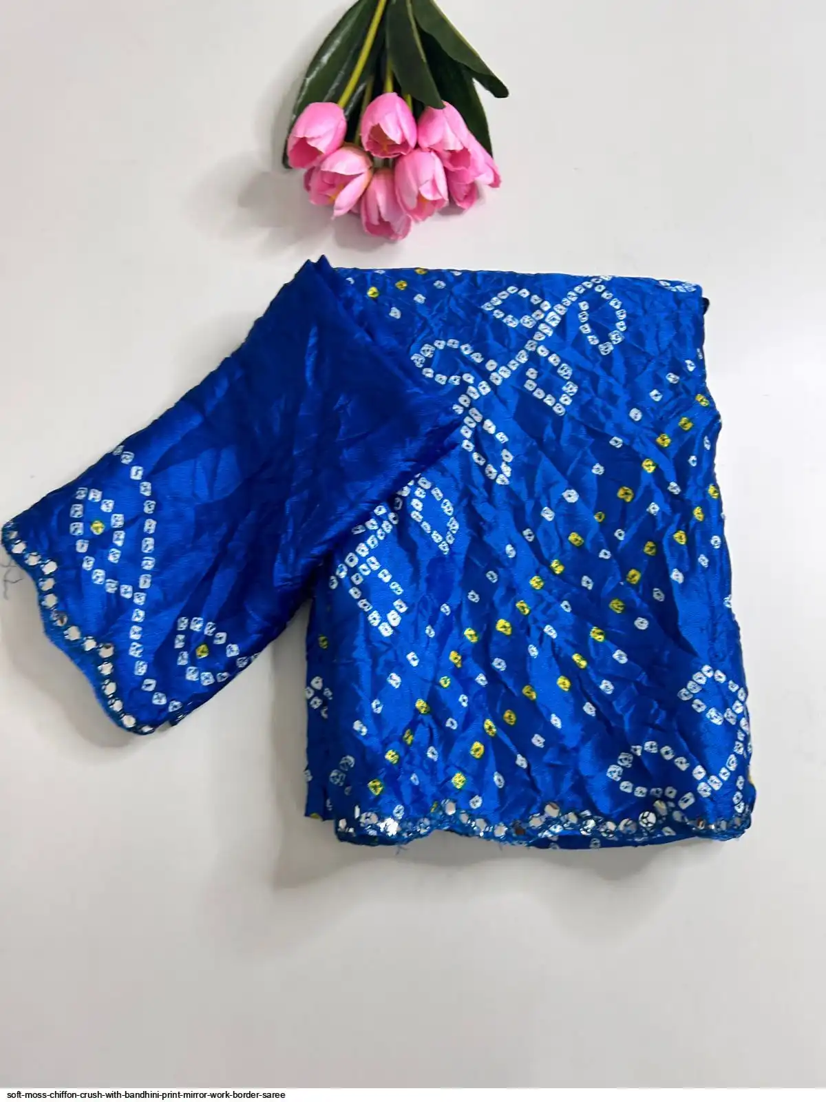 SOFT MOSS CHIFFON CRUSH WITH BANDHINI PRINT MIRROR WORK BORDER SAREE 5