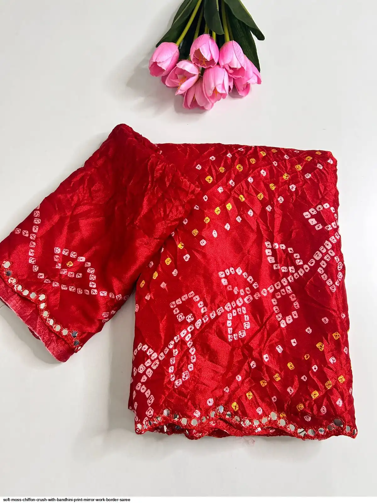 SOFT MOSS CHIFFON CRUSH WITH BANDHINI PRINT MIRROR WORK BORDER SAREE 6