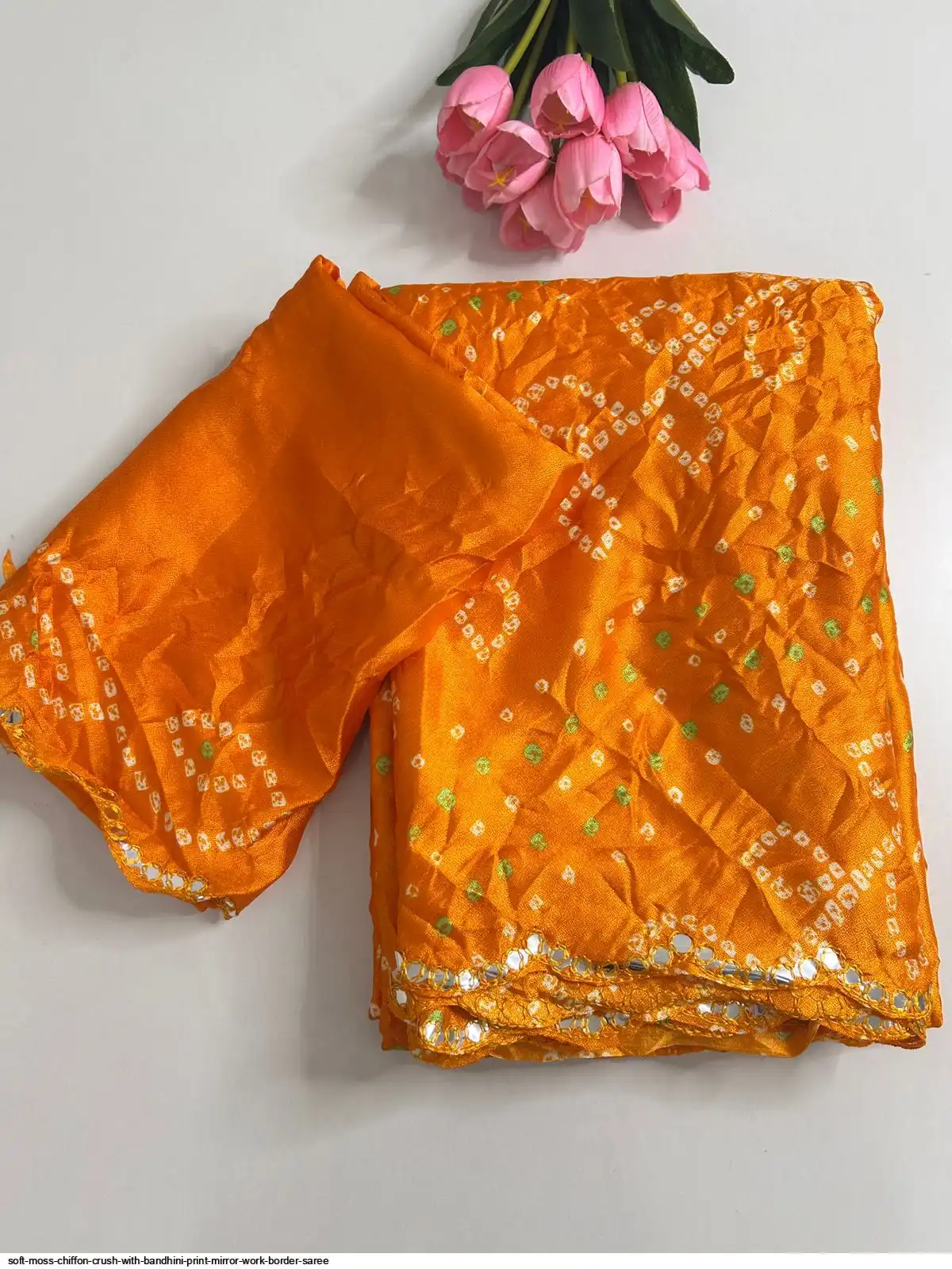 SOFT MOSS CHIFFON CRUSH WITH BANDHINI PRINT MIRROR WORK BORDER SAREE 7