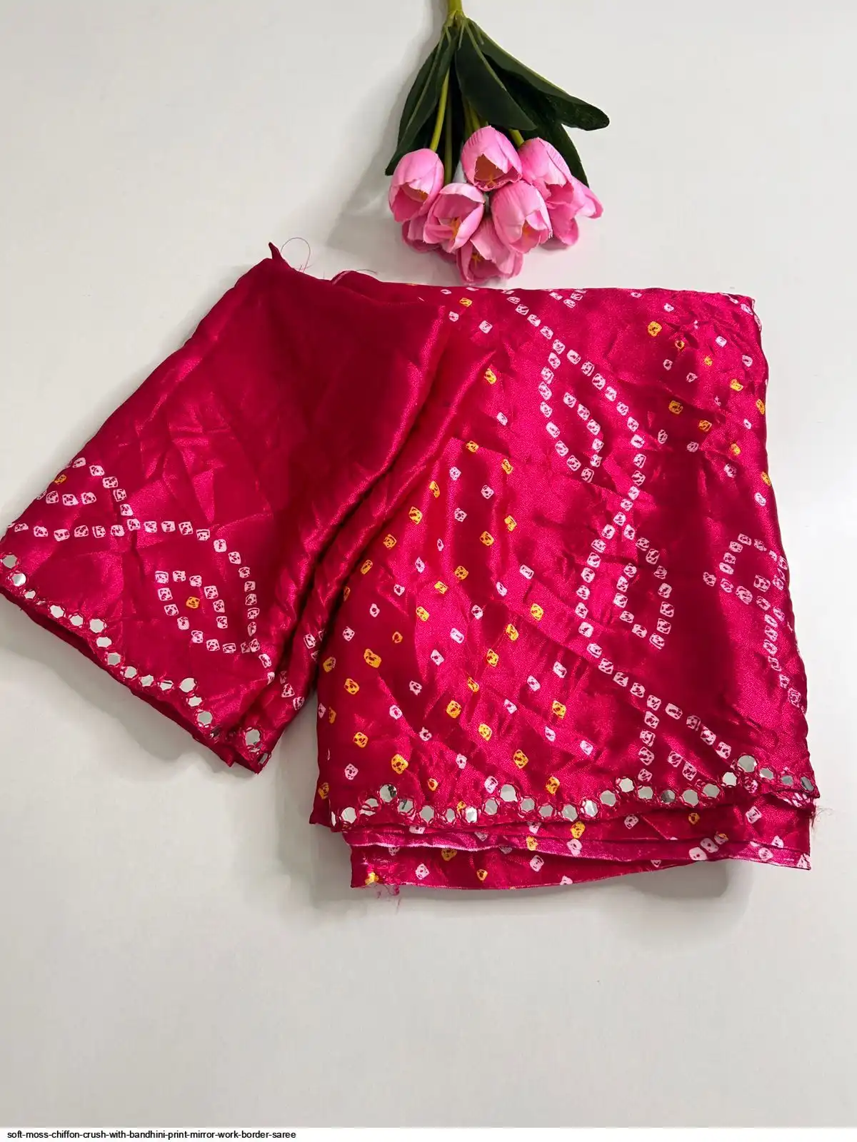 SOFT MOSS CHIFFON CRUSH WITH BANDHINI PRINT MIRROR WORK BORDER SAREE 8