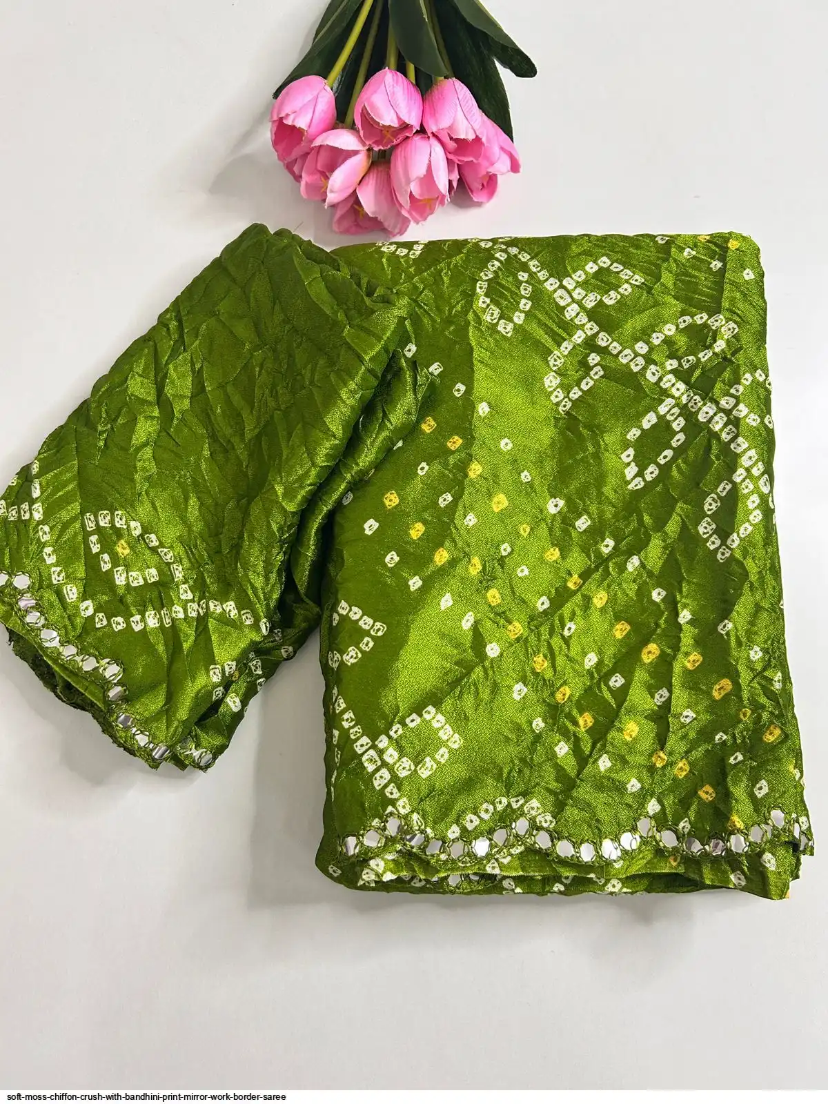 SOFT MOSS CHIFFON CRUSH WITH BANDHINI PRINT MIRROR WORK BORDER SAREE 9