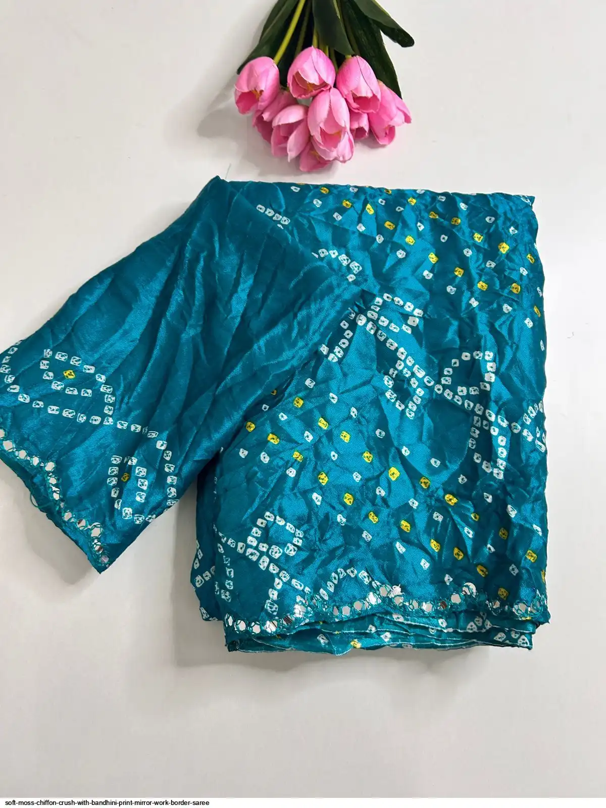 SOFT MOSS CHIFFON CRUSH WITH BANDHINI PRINT MIRROR WORK BORDER SAREE 10