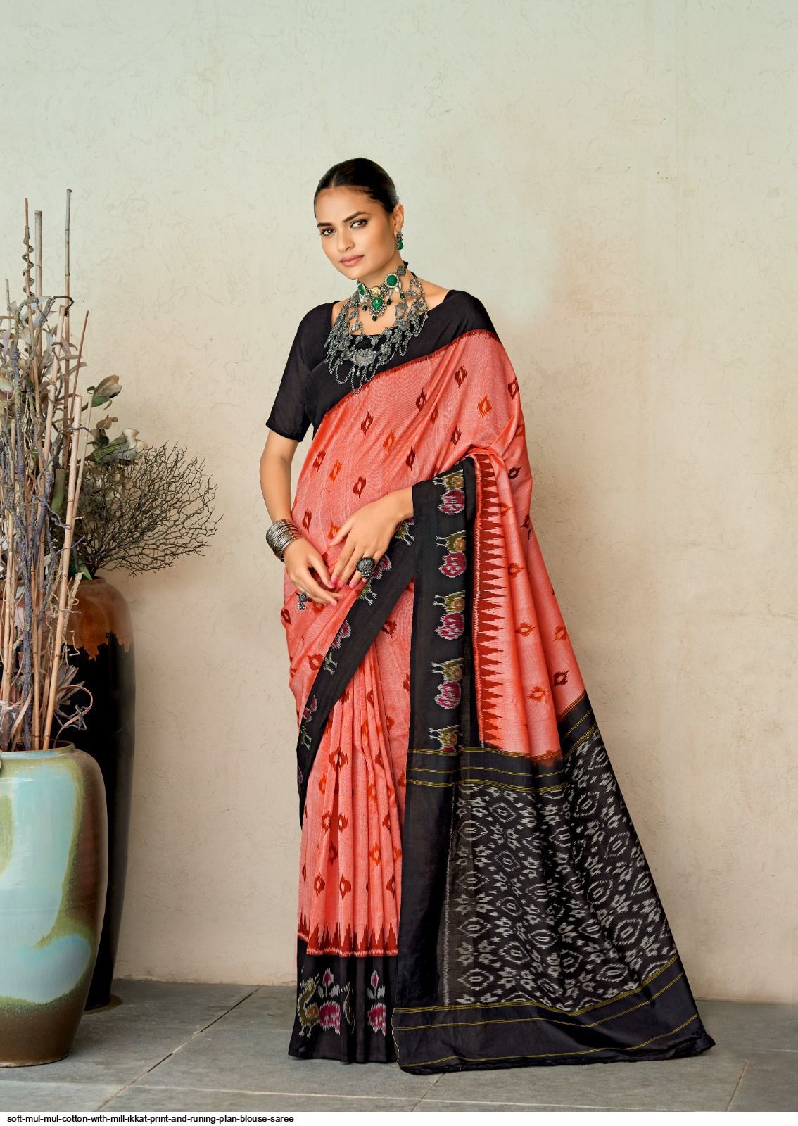 Soft Mul Mul Cotton With Mill Ikkat Print And Runing Plan Blouse saree