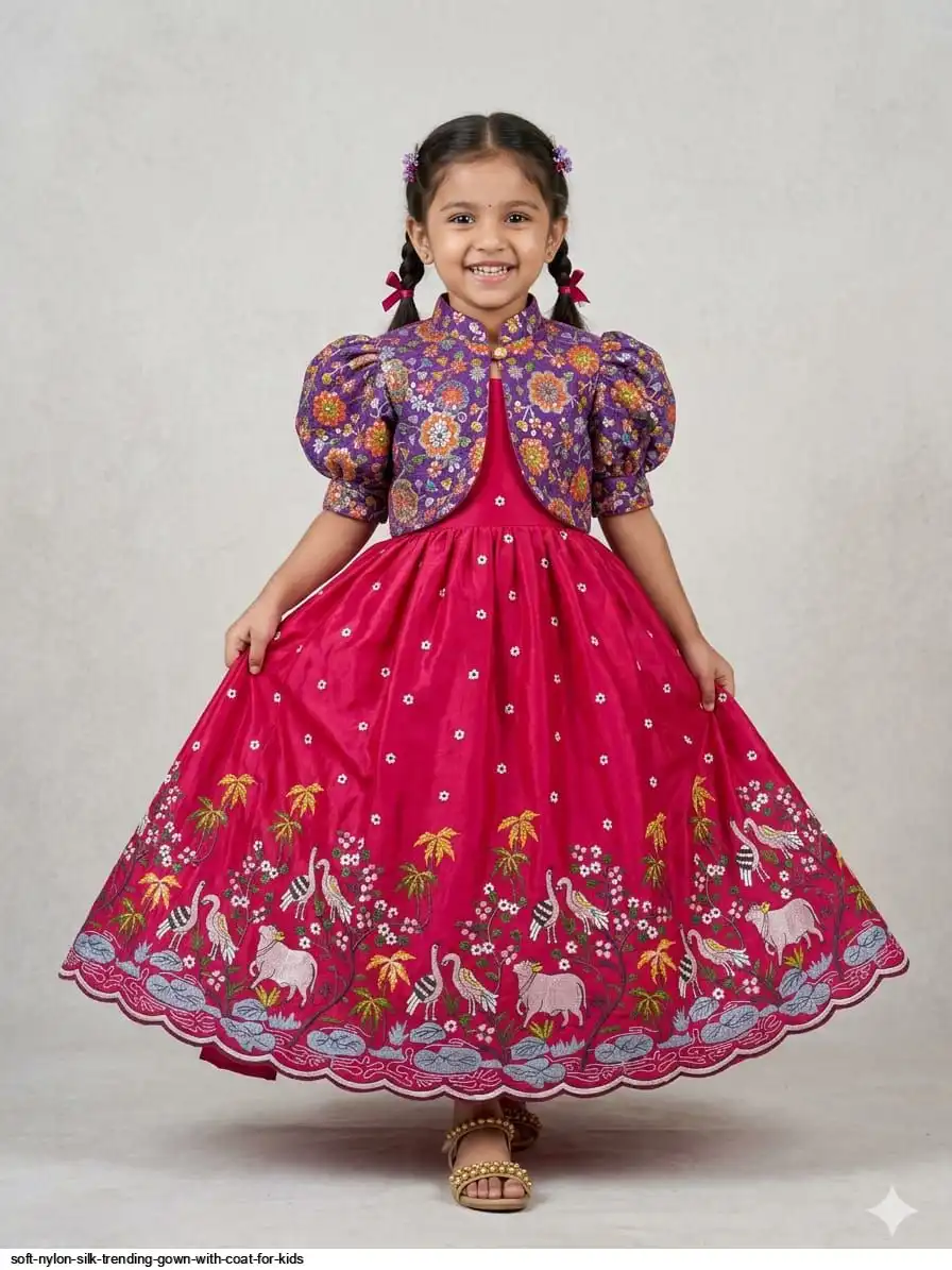 SOFT NYLON SILK TRENDING GOWN WITH COAT FOR KIDS 2
