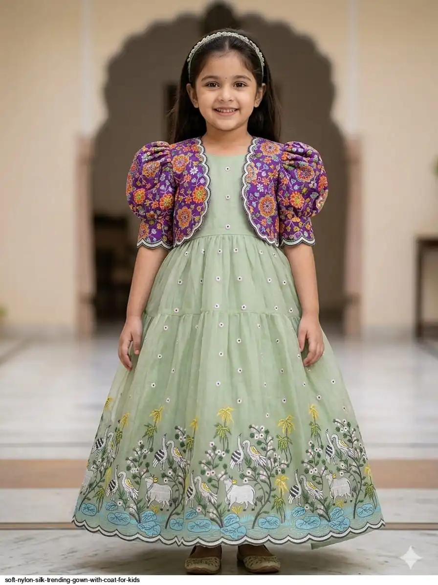 SOFT NYLON SILK TRENDING GOWN WITH COAT FOR KIDS 4