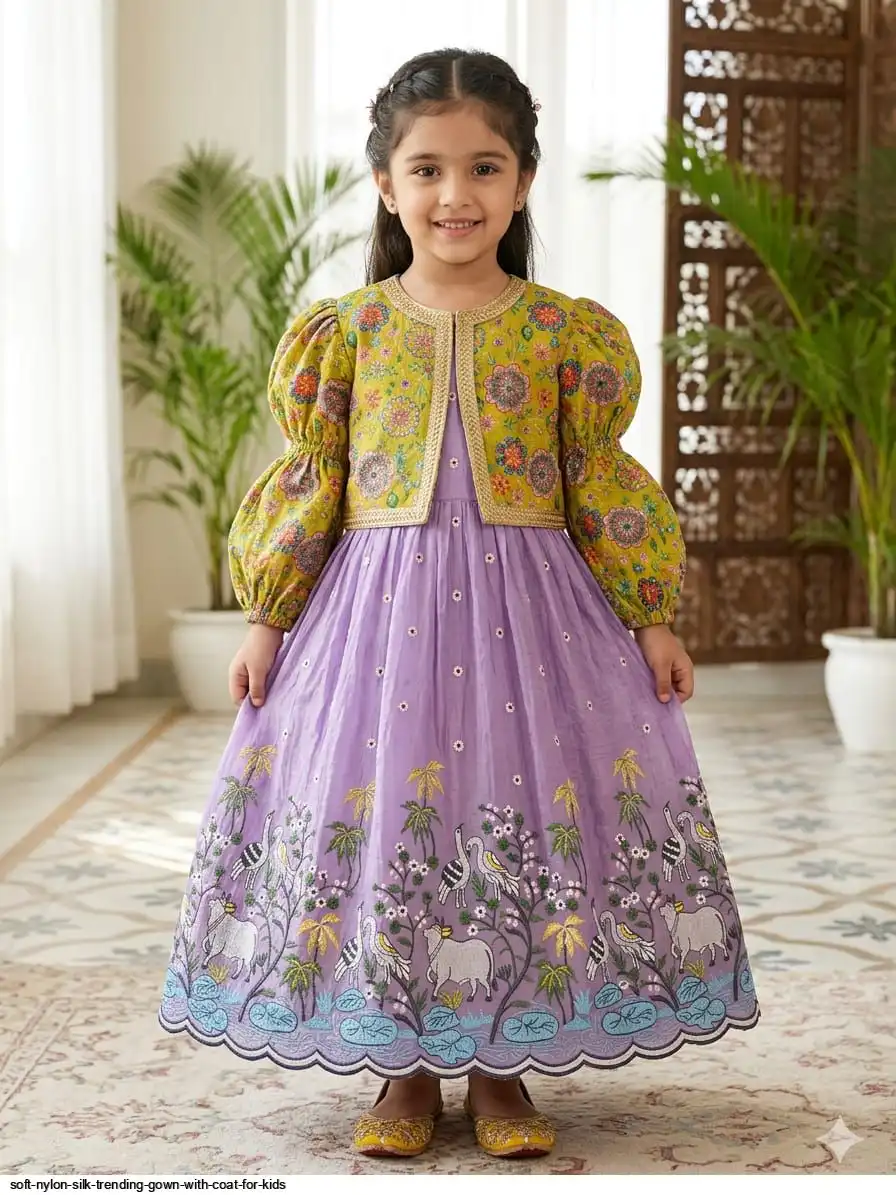SOFT NYLON SILK TRENDING GOWN WITH COAT FOR KIDS 7