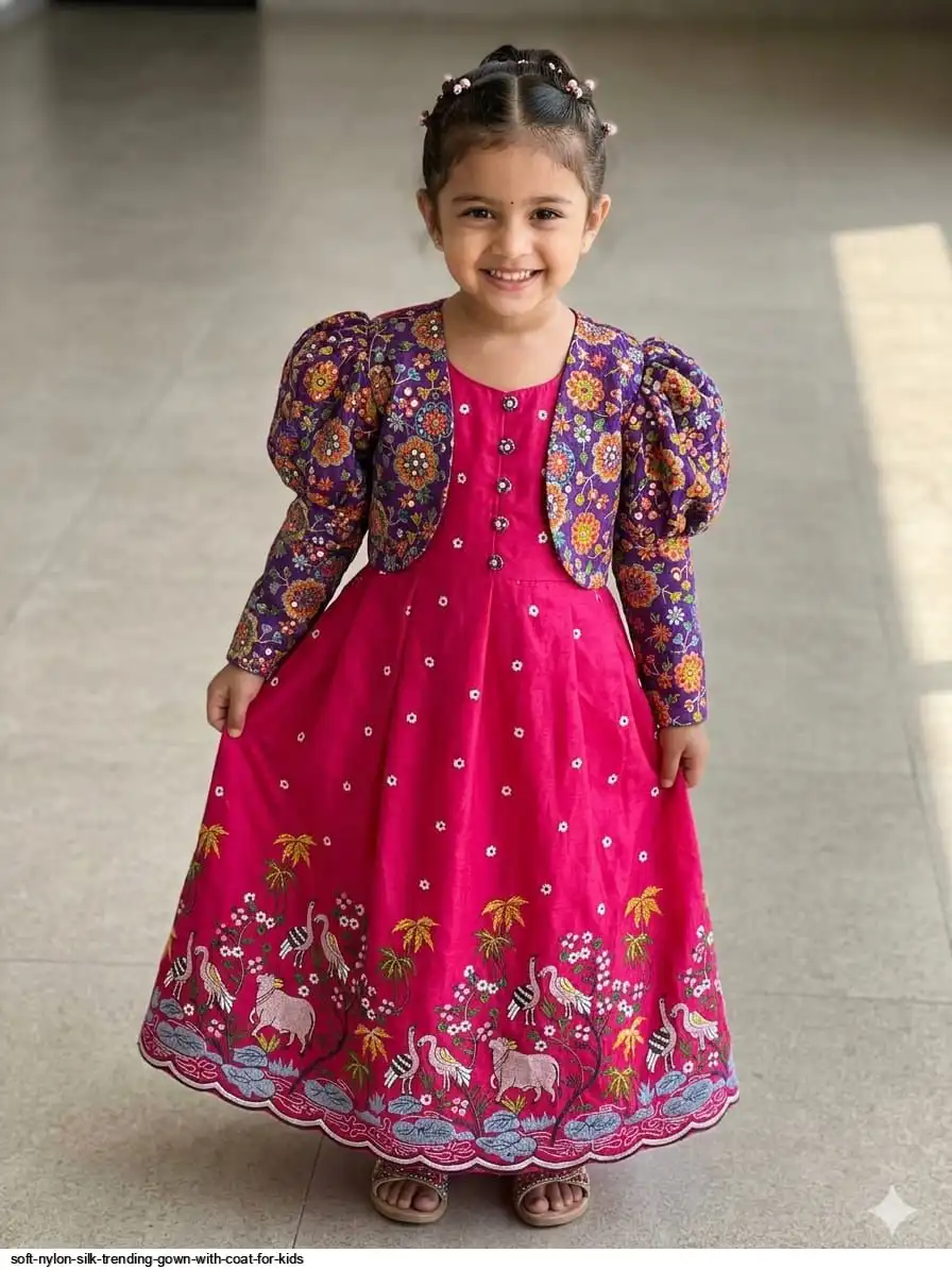 SOFT NYLON SILK TRENDING GOWN WITH COAT FOR KIDS 5
